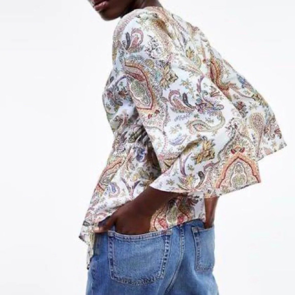 Zara Women Sm Paisley V-Neck Flutter Hem Bell Sleeve Drawstring Waist Boho Top - Picture 2 of 11